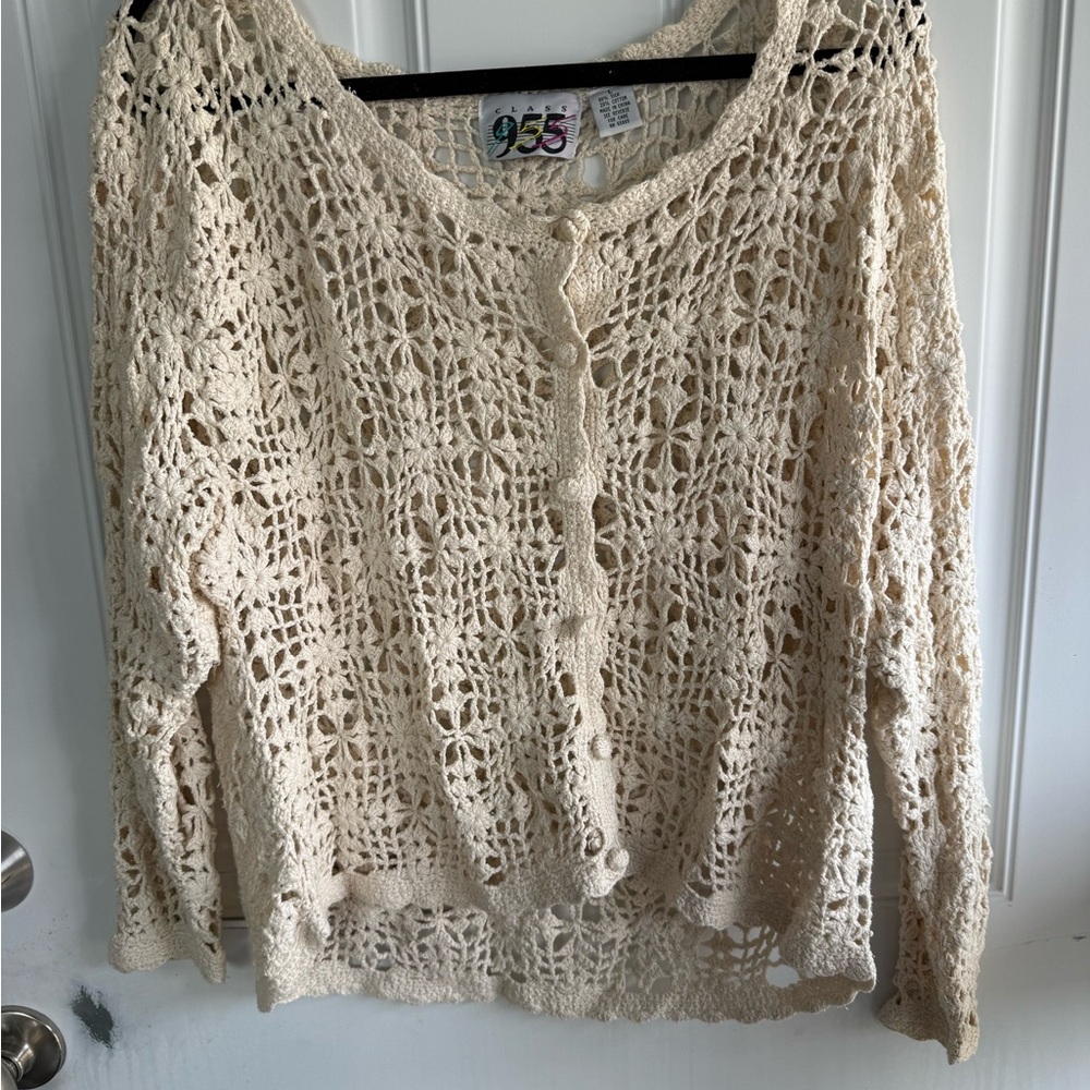 Silk, Cotton Openwork Crochet Button-Front Cardigan Sweater - Cream